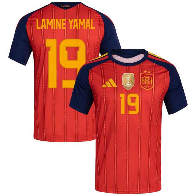 Men's Spain Team #19 Lamine Yamal Red 2026 World Cup 2-Star Champions Home Soccer Jersey